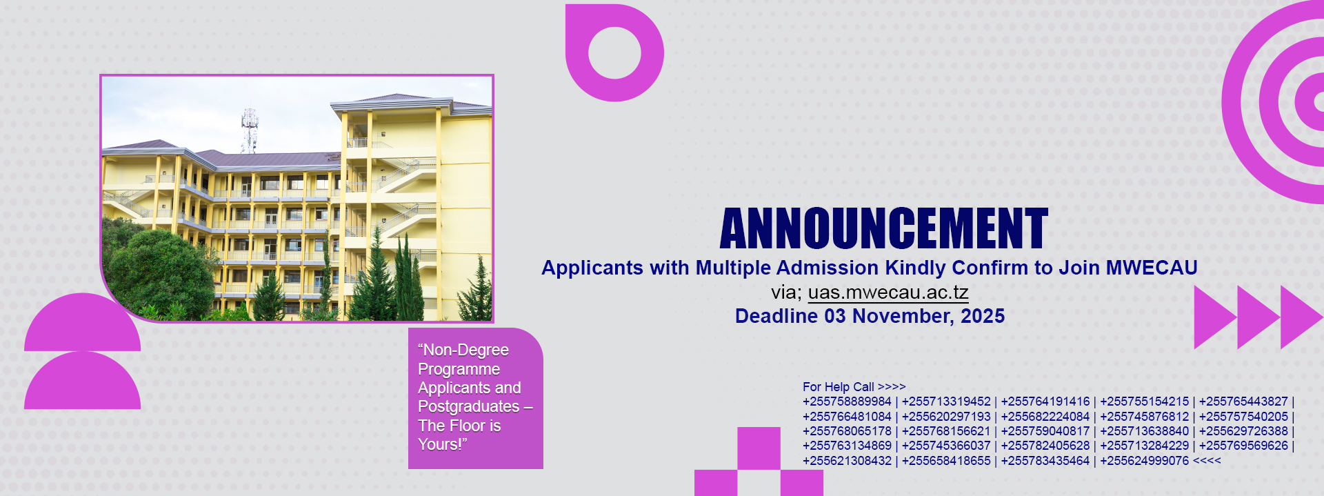 Applicants with  Multiple Admission  Kindly Confirm to Join MWECAU